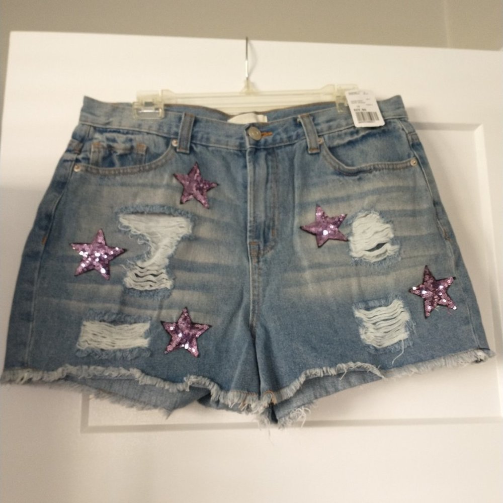 Forever 21 distressed jean denim cutoff high waist short pink sequin stars